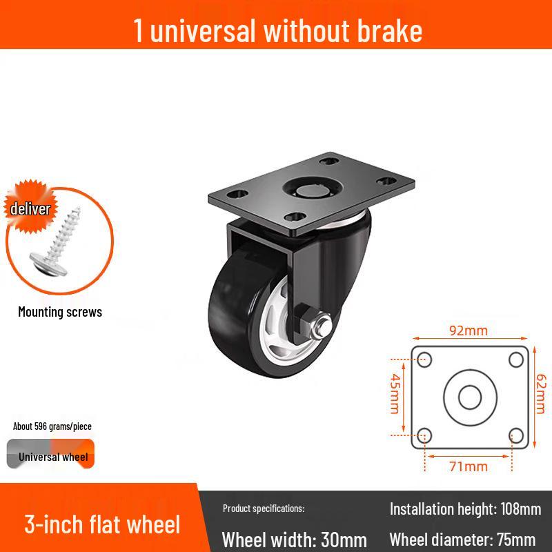 Tysta svängbara hjul med broms, 1,5-3 tum, kraftig lastbärighet för dragkärror