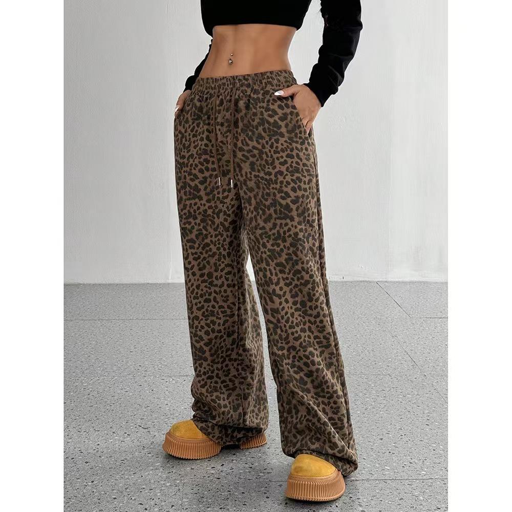 Women s High Waist Wide Leg Pants Leopard Print Loose Fit Casual Streetwear Trousers S