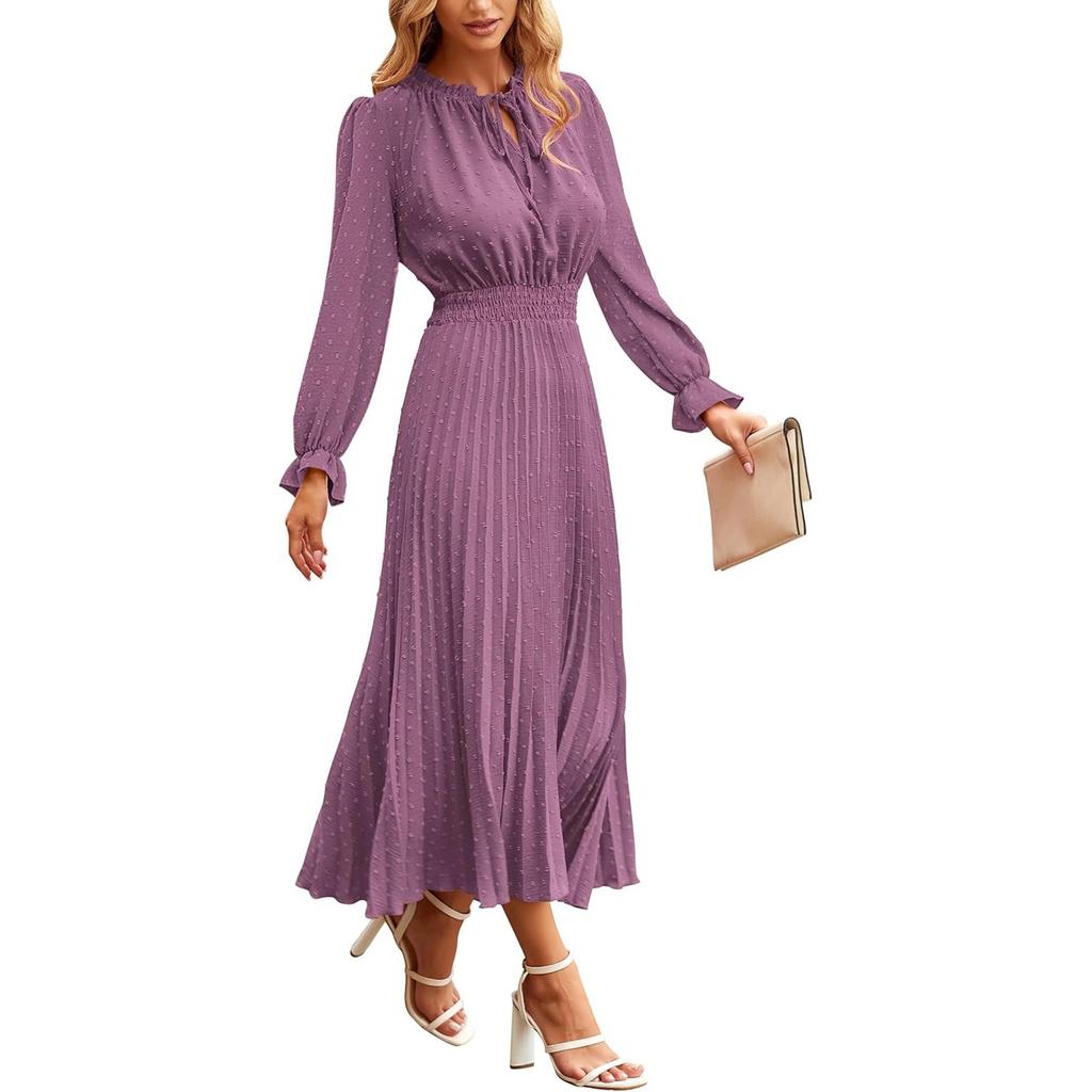 Women's Summer Fashion Loose V-Neck Long Sleeve Tie Solid Color Dresses