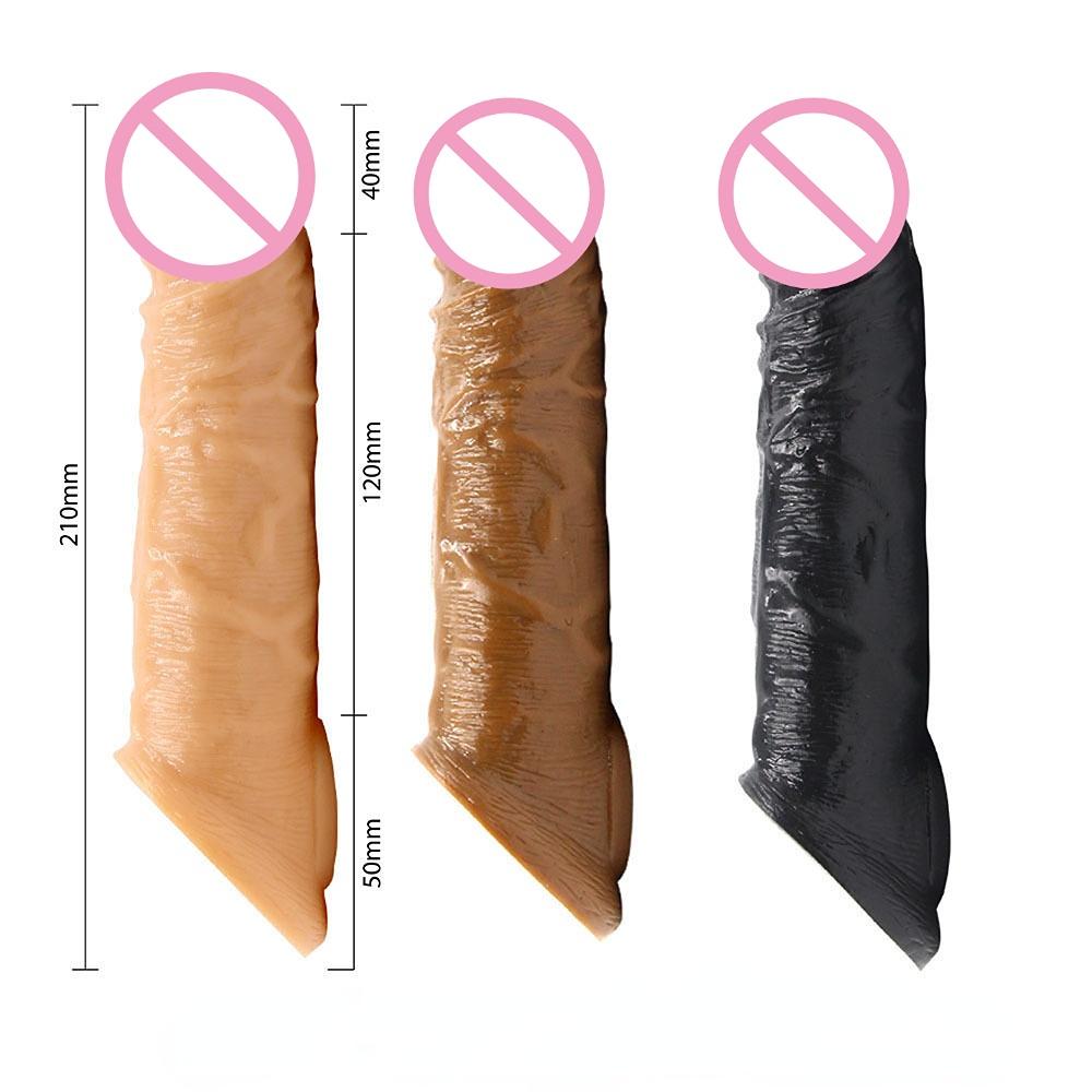 21cm Silicone Realistic Penis Condom Dick Extender Cock Ring Reusable Penis Sleeve Cock Enlarger Sex Toys for Delay Ejaculation