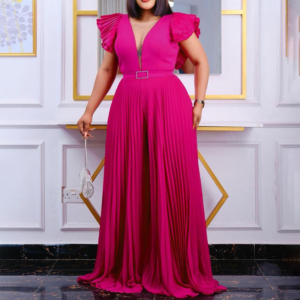 Luxury Pleated Jumpsuits Rompers Women Sexy V Neck Ruffles Sleeve Belt Waisted Floor Length Elegant Overalls