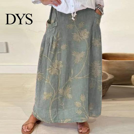 Women Summer Skirt Maxi Elastic Waist Flower Leaf Printed Casual Bohemia Style A-Line Loose Bubble Beach with Pockets A-line
