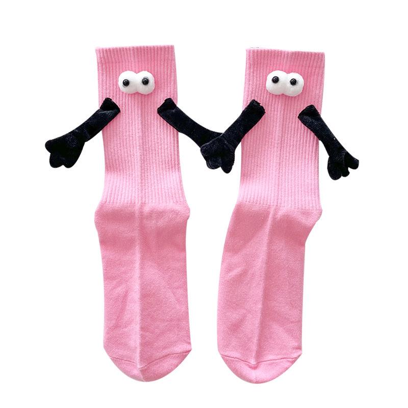 Dopamine Pink Autumn Mid-Calf Socks - Cute Scrunched White Sportswear with 3D Couple Design