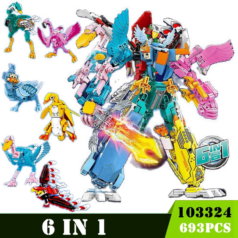 Transformation 6 In 1 City Police Dinosaur Mecha Deformation City Guard Robot Enlighten Block Set Kids Educational Building