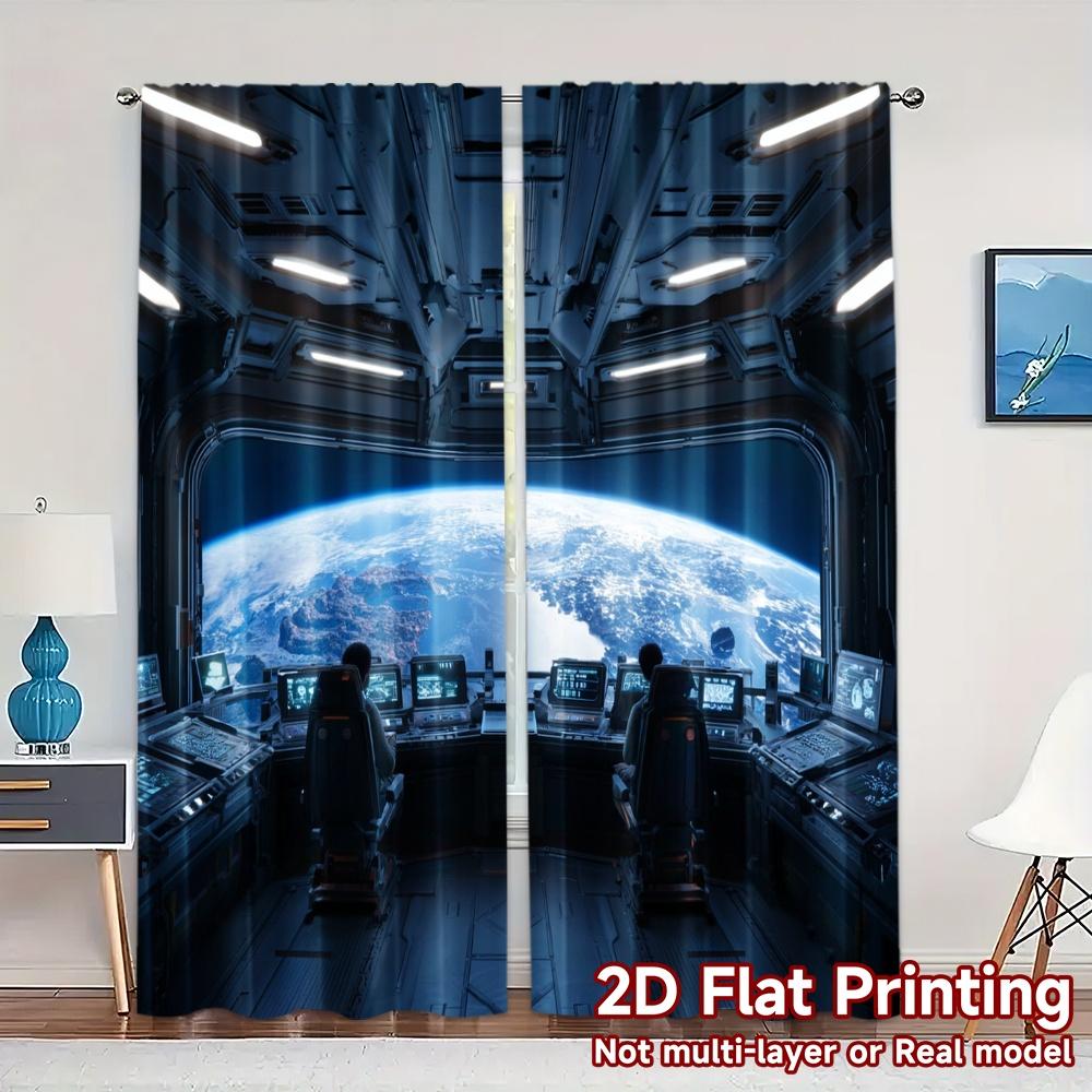 

Sheer Flat Printing Curtains Without Rod Spacebridge Modern Semi Holiday Decorative Curtain Set Of 2 Contemporary Made Polyester Washable W100*H70(CM)-Hooks&2PCS