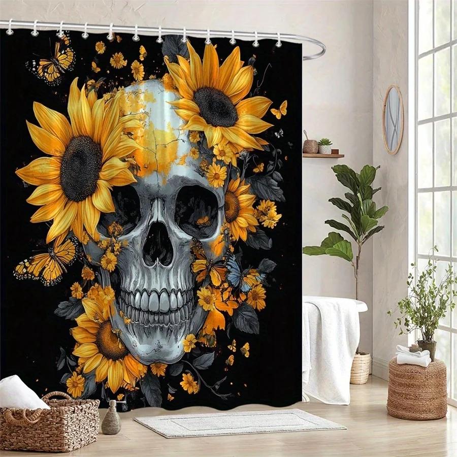 Skull & Butterfly Shower Curtain - Yellow Sunflowers & Black Butterflies On Dark Background, 12 Hooks, Stylish Bath Decor