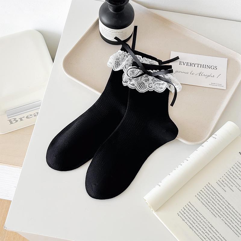 Chaussettes style ballerine pour filles, Douce frange en dentelle, Chaussettes mi-mollet à nœud pour filles, Couleur unie, Polyvalentes, Chaussettes longues sans couture