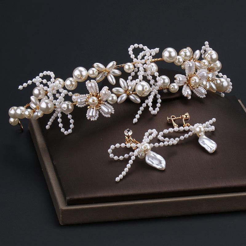 Fairy Forest-Style Bridal Headdress with Pearl Headband & Earrings