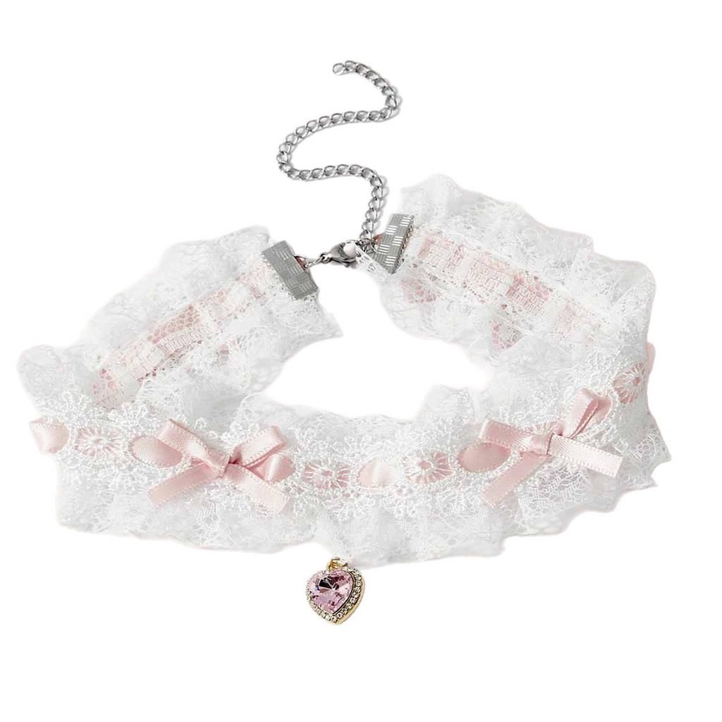 Lace Woven Bow Choker Necklace With Crystal Heart Pendant Elegant Zinc Alloy Chain For Women Daily Wear Gift Idea