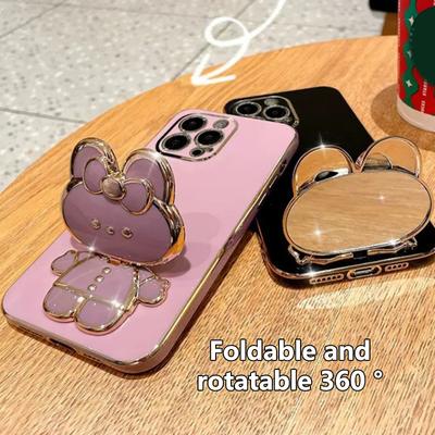 Supporto Rotante a 360° 2 in 1 Specchio per Trucco con Coniglietto Cartone Animato Supporto per Telefono Universale Pieghevole Supporto da Tavolo Accessori Custodia