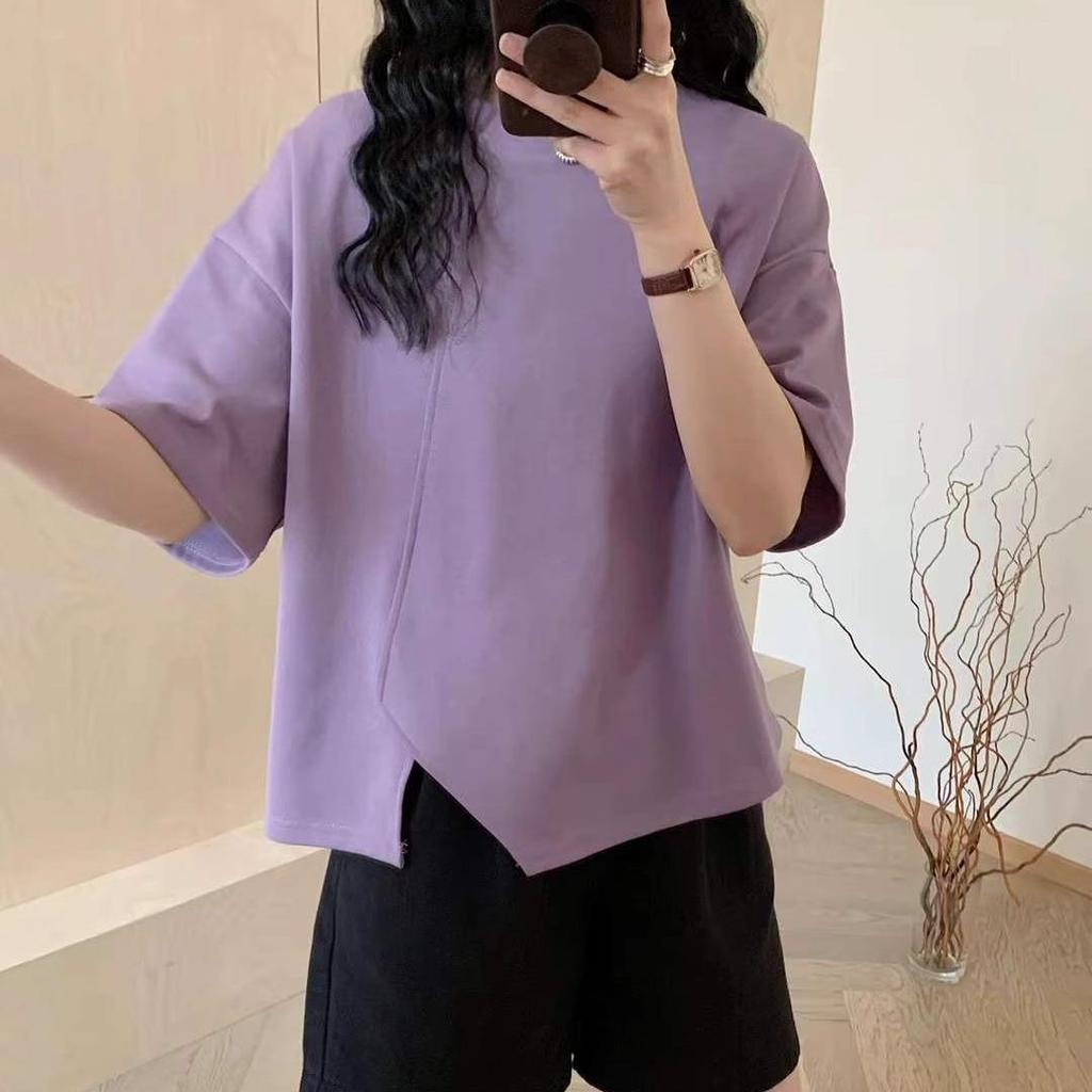 Women's Loose Fit Round Neck Tee with Irregular Slit Design - 2024 Korean Summer Style