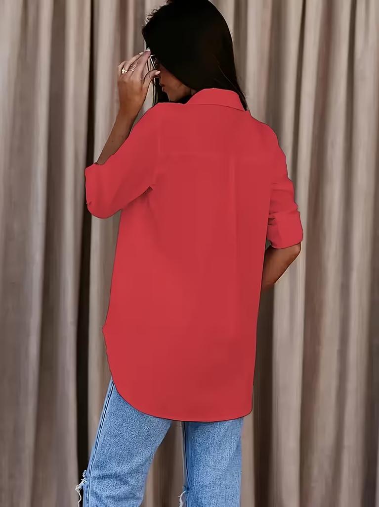 Ladies Casual Button Up Office Shirt Solid Color Long Sleeve Blouse with Collar Business Work Top for Daily Wear