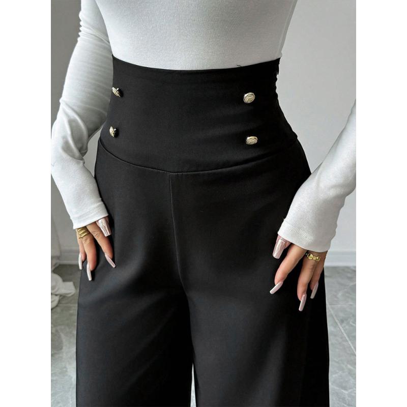 New Women's High Waist Black Straight Wide Leg Pants, Polyester Blend Patchwork Lightweight Trousers for Office & Street Fashion
