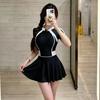 Womens Modest Short Sleeve One-Piece Swimsuit With Skirt Black White Contrast Swimwear Training Racing
