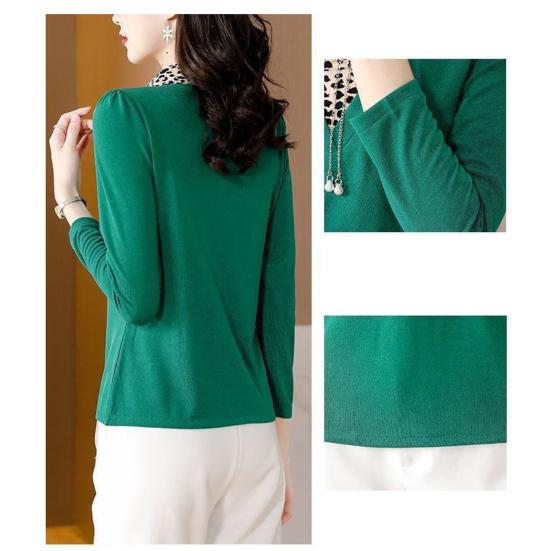 Women Leopard Print Jacket Patchwork Fake Two-Piece T-shirt Spring Autumn Casual Long