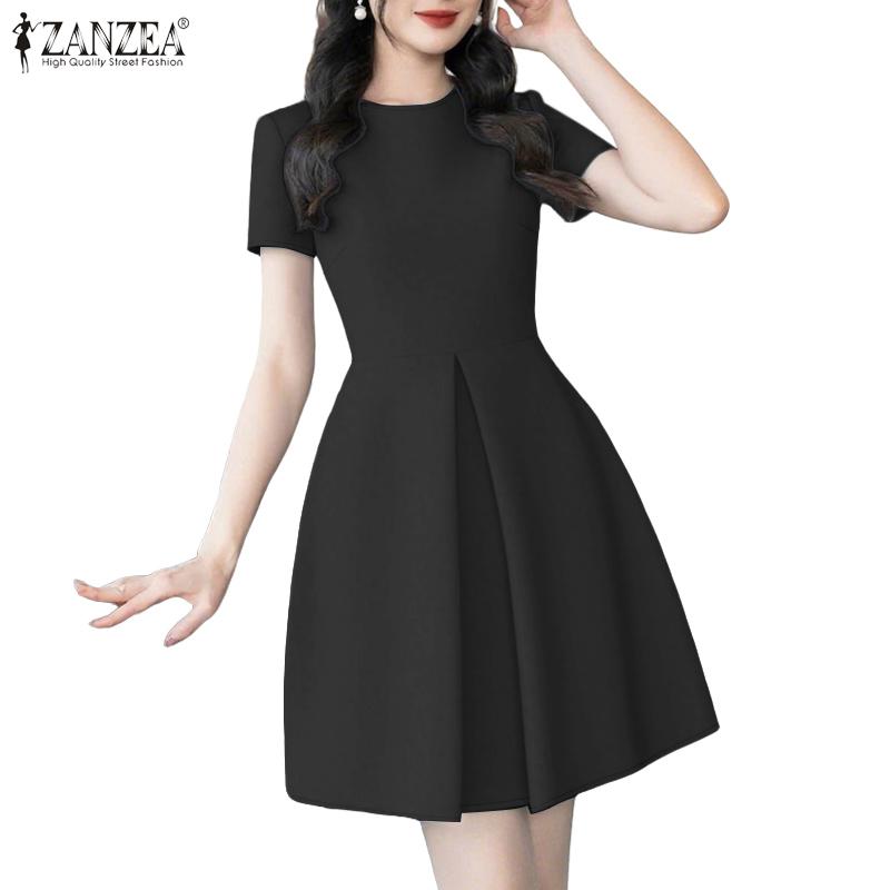 ZANZEA Womens Summer Casual Round Neck Short Sleeve Dress