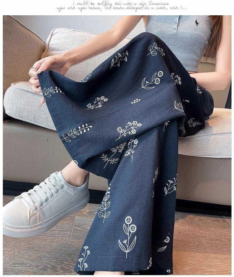 Women's Ethnic Style High-Waist Ice Silk Wide-Leg Cropped Trousers - Summer Slimming Print
