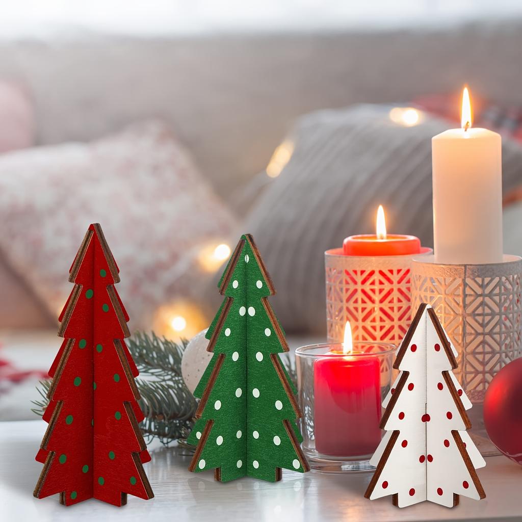 3pcs Wooden Christmas Tree Tabletop Decor Polka Dot Mini Christmas Tree Figurines Christmas Centerpieces for Home Office Desk
