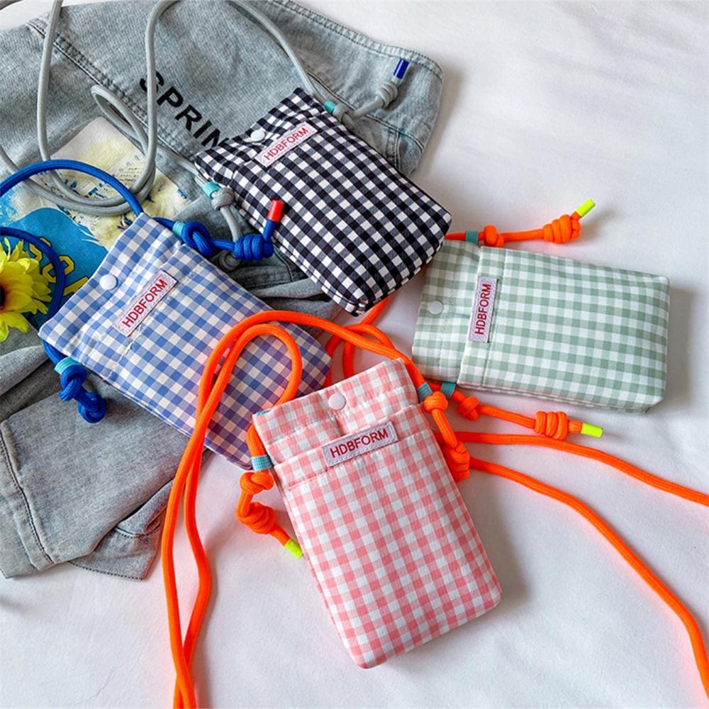 Fashion Mini Square Grid Canvas Shoulder Bag Portable Crossbody Mobile Phone Pouch Multifunctional Women Girls Lipstick Storage