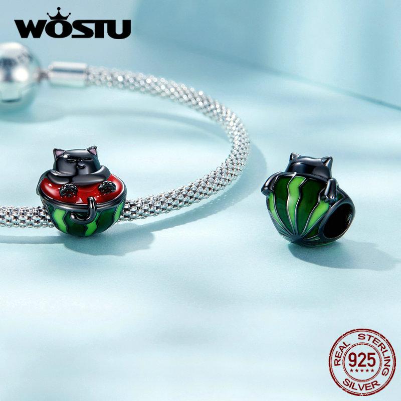 WOSTU Margele Charm Autentice din Argint Sterling 925 Pisică & Pepene Verde potrivite pentru Brățară & Brățară Femei Bijuterii Fine