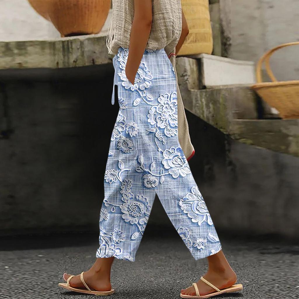 Damen Modische Hose mit Blumenmuster, Kordelzugtaschen und elastischem Bund für Freizeit