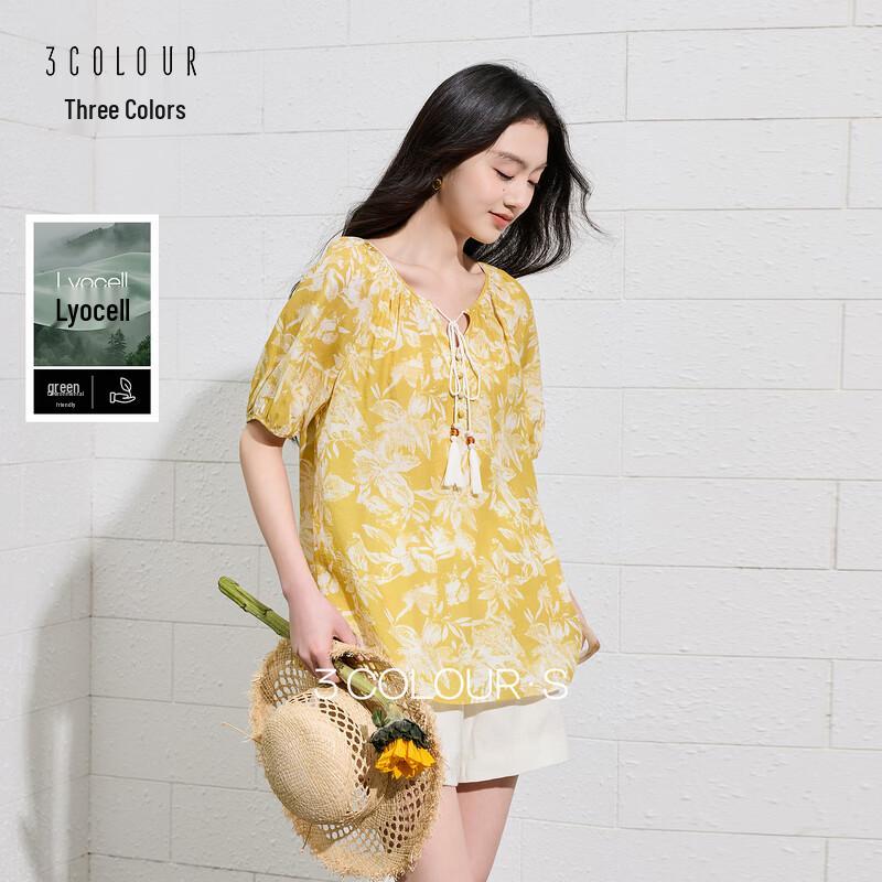 SANCITY Women s Lyocell Blend Floral V-Neck Tassel Tie Short Sleeve Blouse M