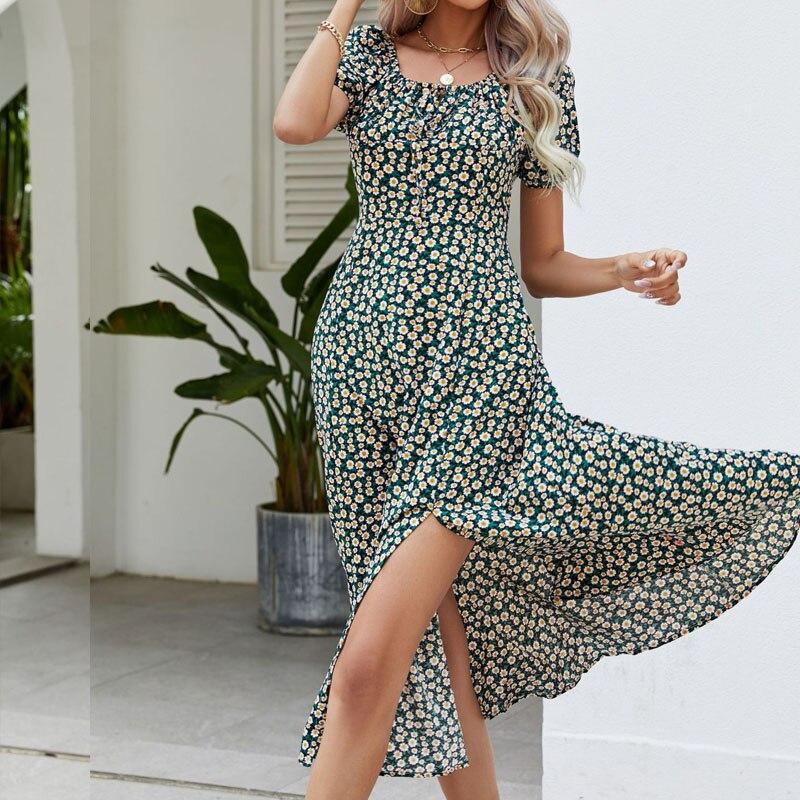 

Повседневное летнее платье трапециевидной формы с квадратным вырезом, женское зеленое платье с пышными рукавами, женские элегантные платья с высокой талией и цветочным принтом, женская одежда 25278 XL зелёный