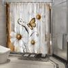 Watercolor Daisy Butterfly Shower Curtain - Rustic Wood Background, 3 Daisies & Butterfly, Vintage Whimsical Romance
