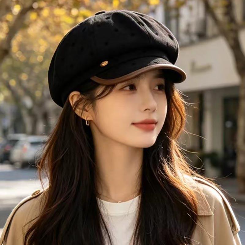 Autumn and winter polka dot octagonal beret women's autumn and winter retro newsboy hat showing face small fashion painter hat British cloud hat