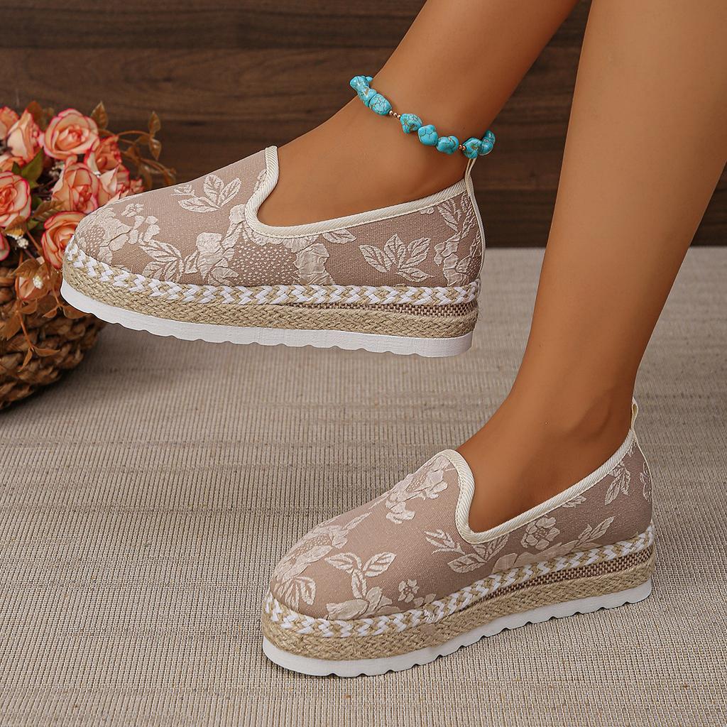 Große vielseitige Freizeitschuhe mit flachem Boden für Damen, bestickt mit Hanfseil und dicker Sohle