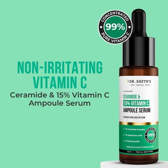 Dr. Sérum ampoule non irritant aux céramides et à la vitamine C 15 % de Sheth | Réduit le teint terne et les taches brunes | Répare la barrière cutanée | Tous types de peau | 30 ml