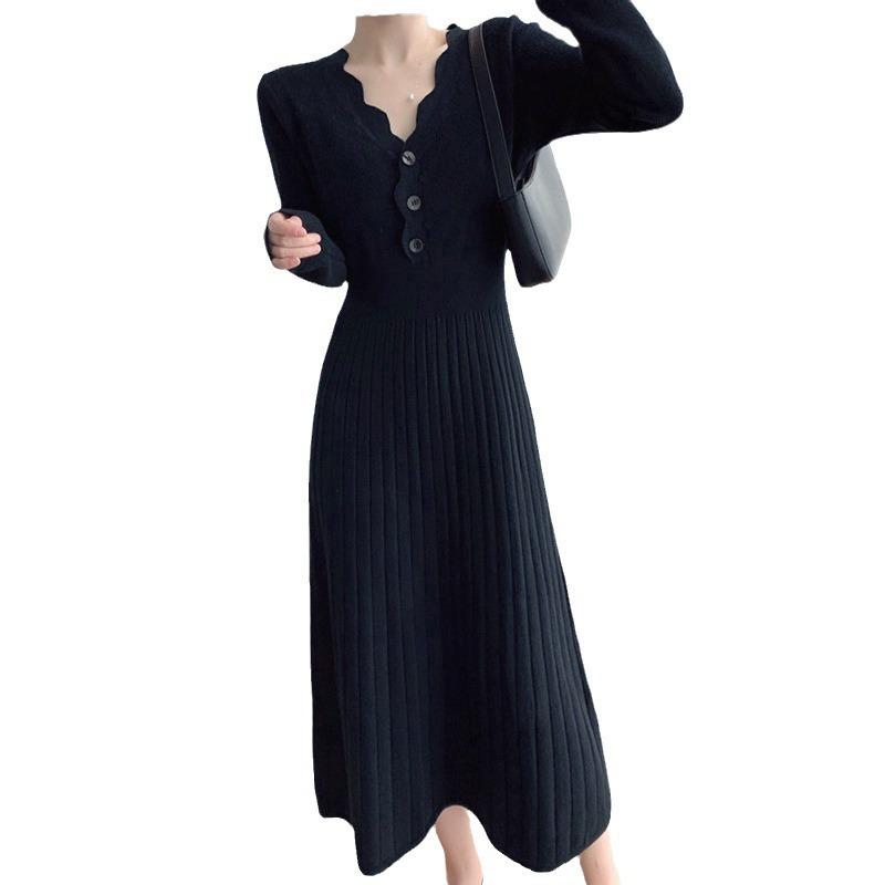 Wave V-neck Breasted Knitted Dress Women's Autumn and Winter New Medium and Long Waist and Thin Bottom Sweater Skirt