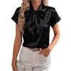 Women’s Satin Short Sleeve Blouse with Bow Tie Neck Round Neckline Elegant Loose Fit Top for Office and Casual Wear