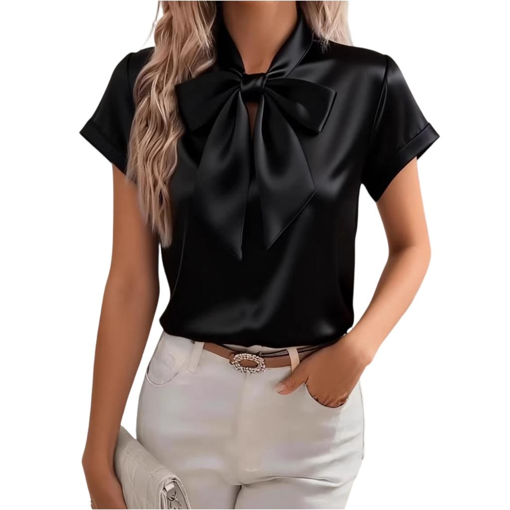 Women’s Satin Short Sleeve Blouse with Bow Tie Neck Round Neckline Elegant Loose Fit Top for Office and Casual Wear