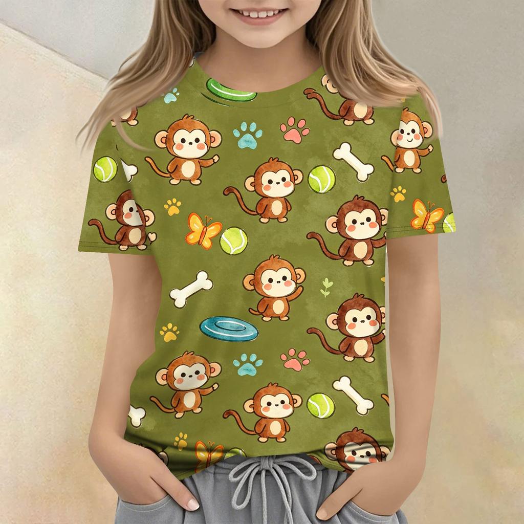 Kids Animal Print Crew Neck Short Sleeve Casual Loose Fit T Shirt Top for Children Boys Girls Summer Wear