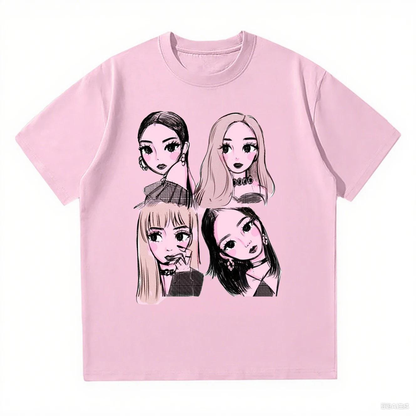 

2026 New Korean Kpop BP Pink Girls Graphic Harajuku T Shirts Loose and Comfortable Heavy Cotton Tee Women s Fashion Casual Top M бежевий