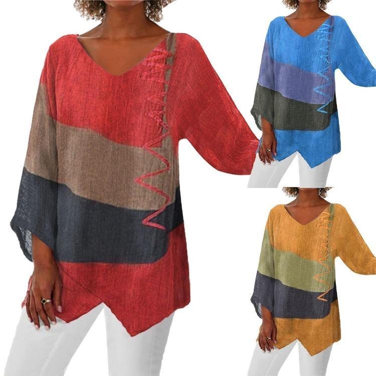 Art Print V Neck Loose Casual Women Long Sleeve Top Irregular Hem