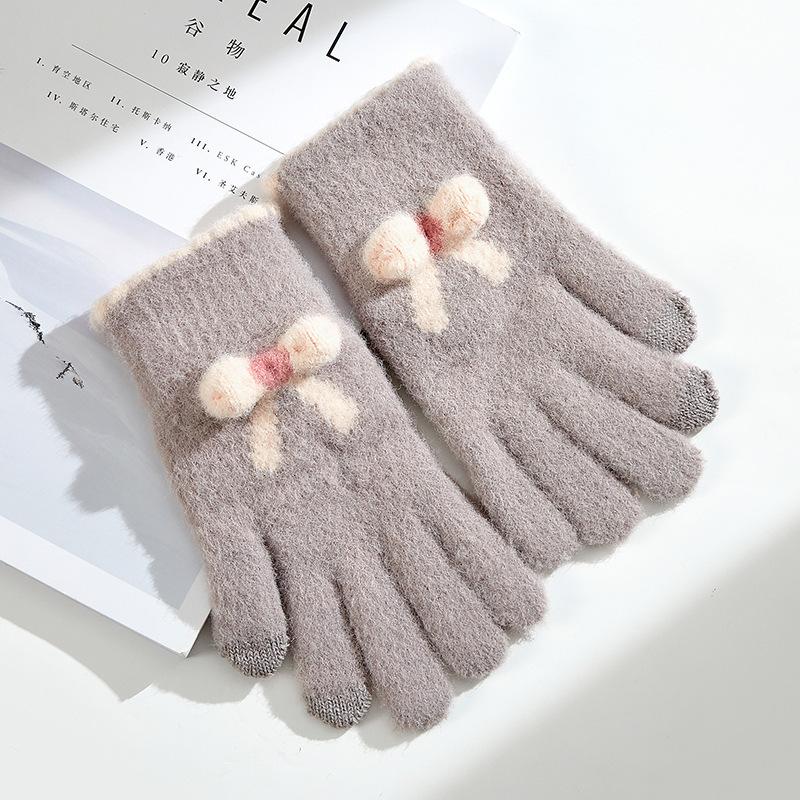 Knitted Touch Screen Gloves for Women, Winter Warm, Thickened and Velvet Five-finger Outdoor Cycling Split-finger Korean Style Gloves