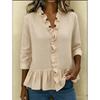 Women Solid Color Ruffle Trim V Neck Three Quarter Sleeve Casual Blouse Shirt