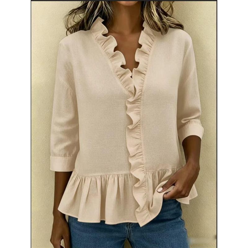 Women Solid Color Ruffle Trim V Neck Three Quarter Sleeve Casual Blouse Shirt