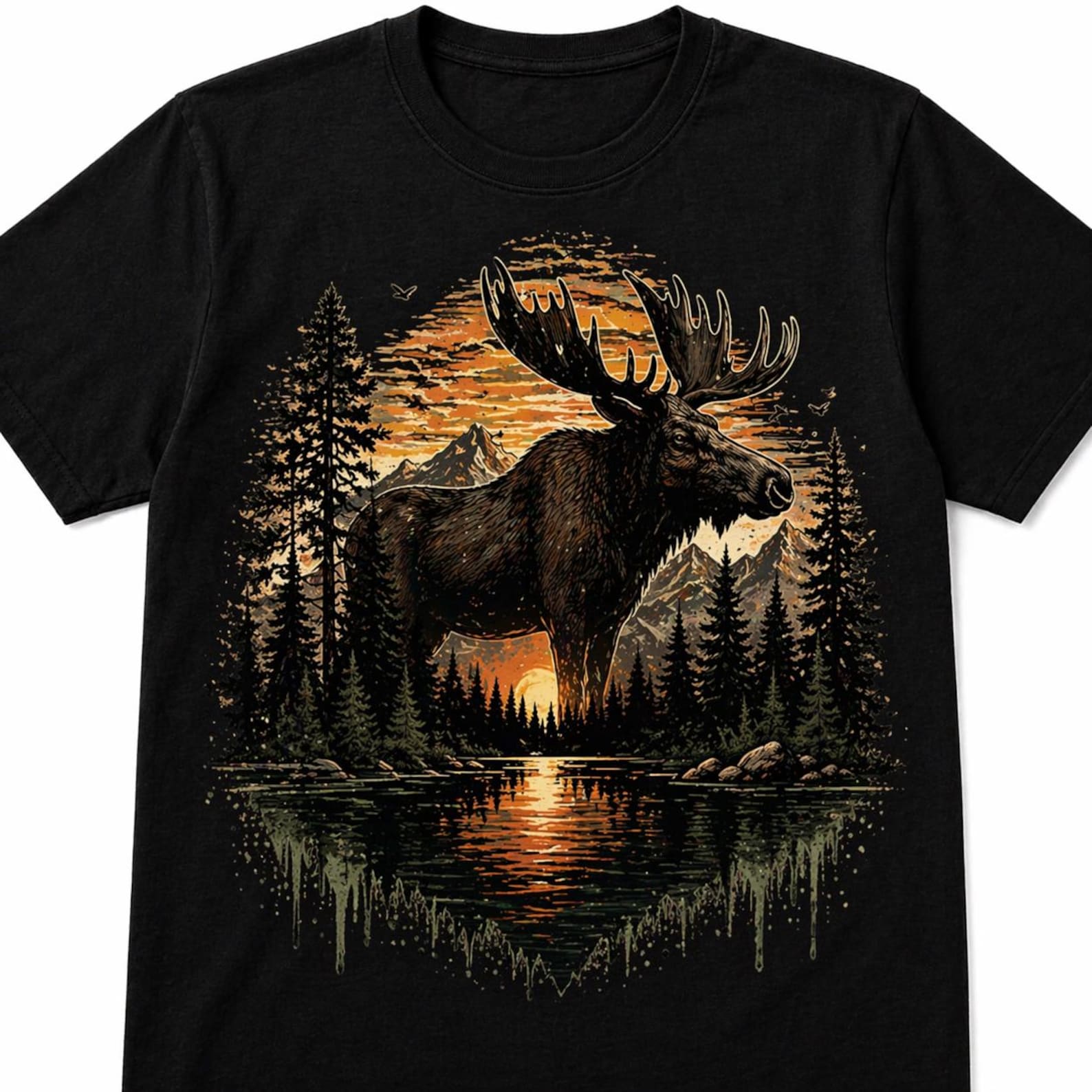 Majestic Moose Sunset Forest Tee – Vintage Wilderness Graphic Shirt M