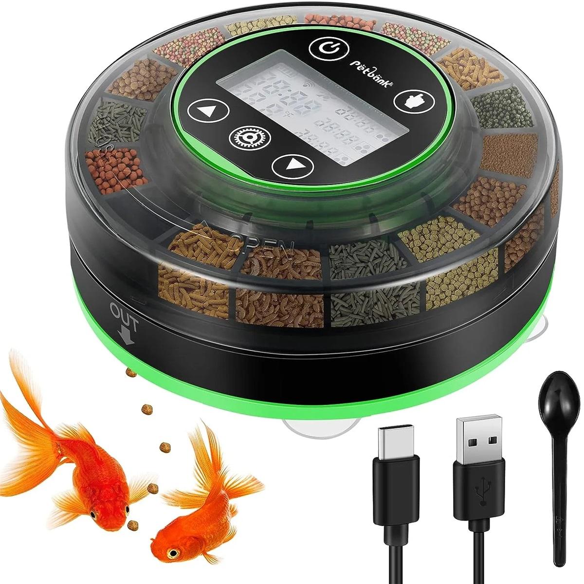 

Automatic Fish Feeder For Aquarium, Automatic Food Dispenser With Timer, Rechargeable Timer Feeder, With USB Cable, LCD Display Green Base