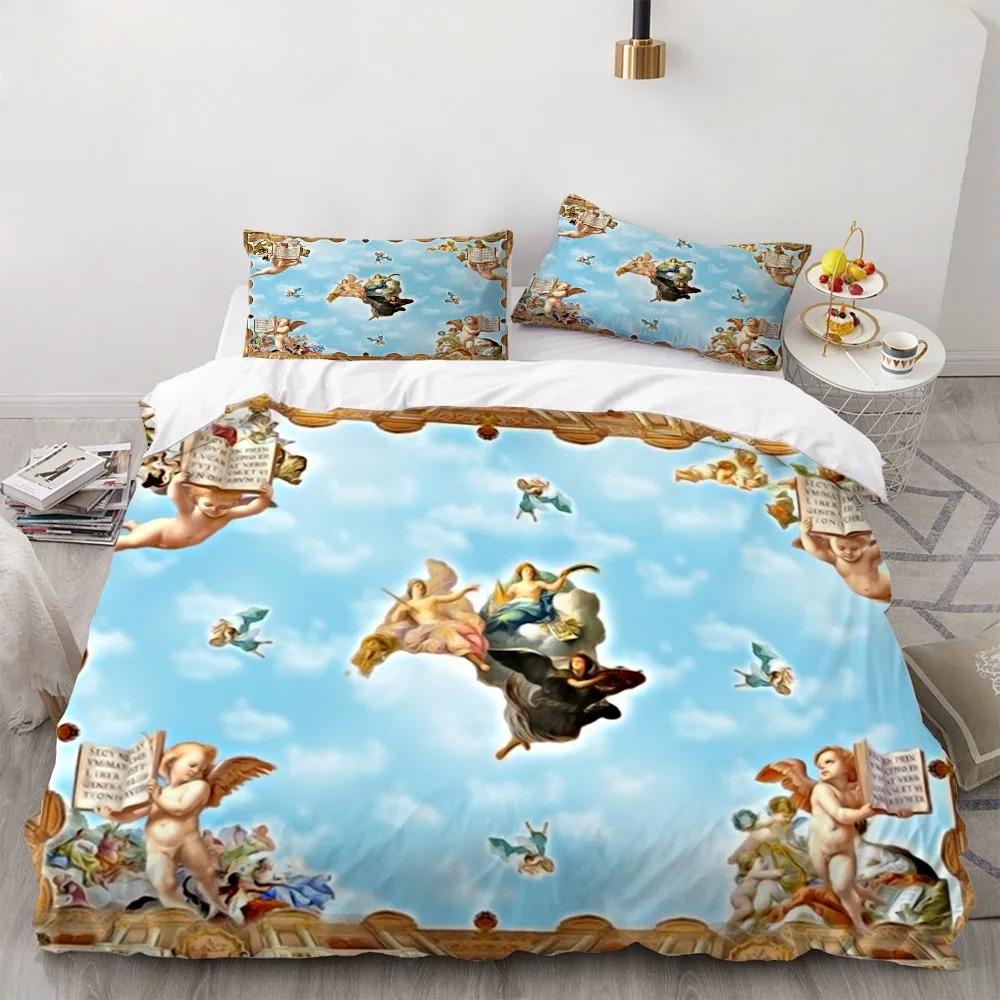 Angel Oil Painting Microfibre Bedding Sets, Children's Birthday Gift with Zip Room Decor for Teenagers Adulte 2-3 Pieces Duvet C