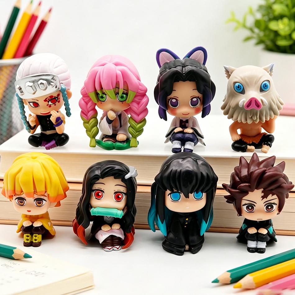 8Pcs/Set Demon Slayer Anime Figure Toy-Kimetsu No Yaiba Q Version Tanjiro Nidouzi Inosuke Zenizu Pvd Figurine Model Doll Gift