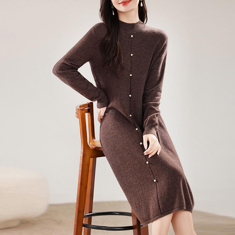 Women's Elegant Pearl Button Wool Dress - Autumn/Winter Knit, Half-High Collar, Loose Fit, Silk Luster Sweater
