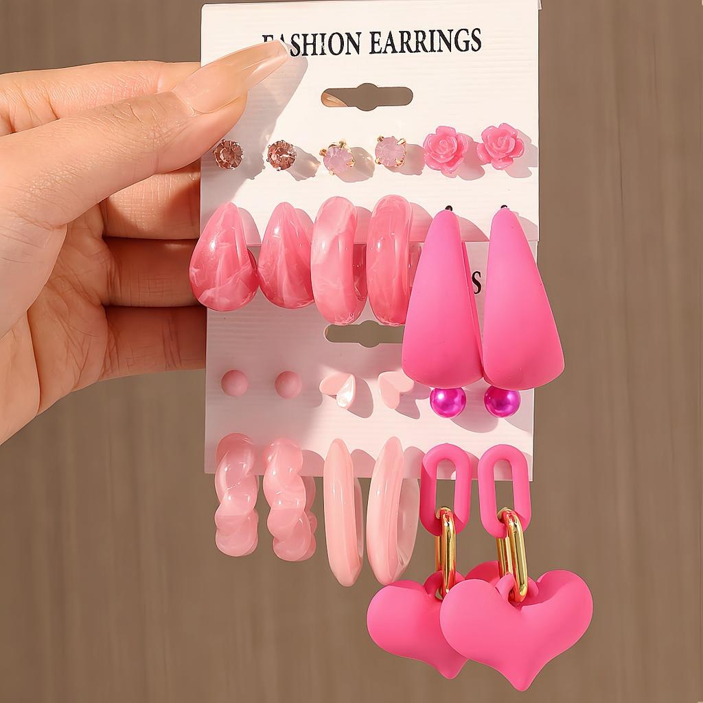 6 Pairs of Pink Suits, Fashion Pearl Love Earrings, Earrings, Card Packs, Resin Earrings for Women