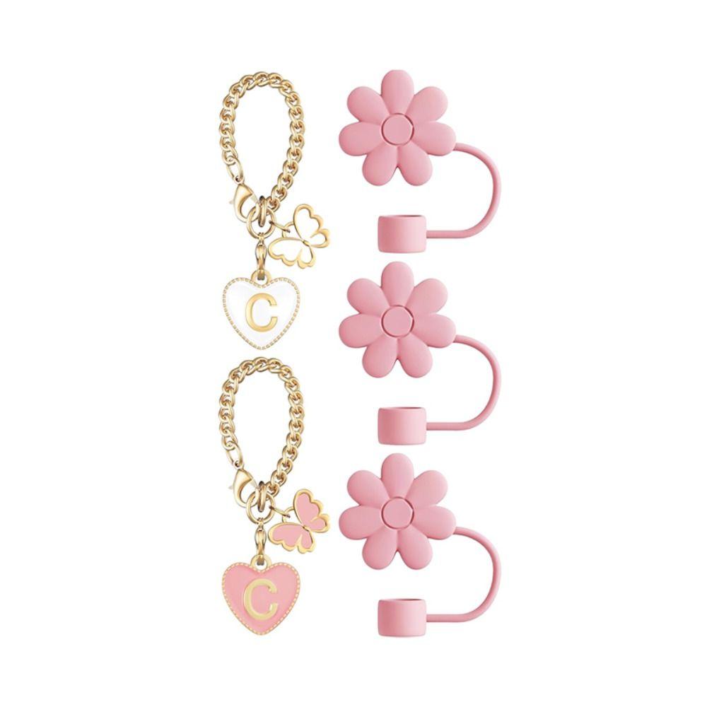 Růžový květinový pohár písmenkové přívěsky řetízek ozdoby na brčko 10mm krytka na brčko pro tumbler s uchem