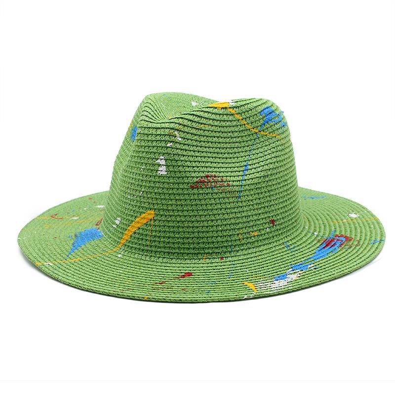 Cappello Panama in Paglia Verniciato Graffiti Verde Erba Fedora Jazz Uomo Donna Primavera Estate Cappello da Sole Intrecciato Cappello da Viaggio Elegante da Spiaggia