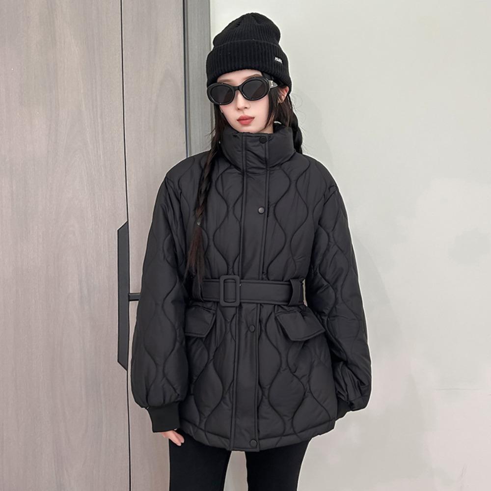 Women's Stand Collar Long Sleeve Raglan Sleeve Coat Loose Fit Casual Puffer Jacket with Belted Waist for Autumn Wear