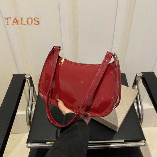 Retro Glossy Shoulder Bag Ladies Solid Color Faux Leather Underarm Bag Casual Hobo Purse Waterproof Handbag for Daily Life Travel Parties